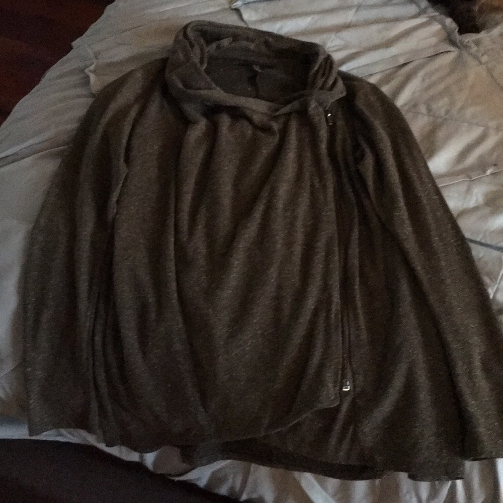 Olive colored wrap sweater with zipper detail